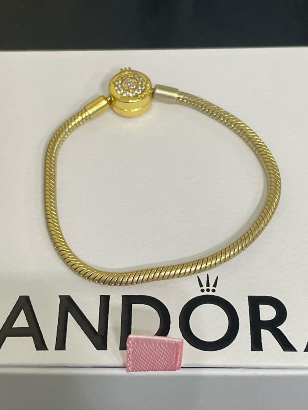 Pandora Gold Tone Pave Round Clasp Snake Chain Bracelet